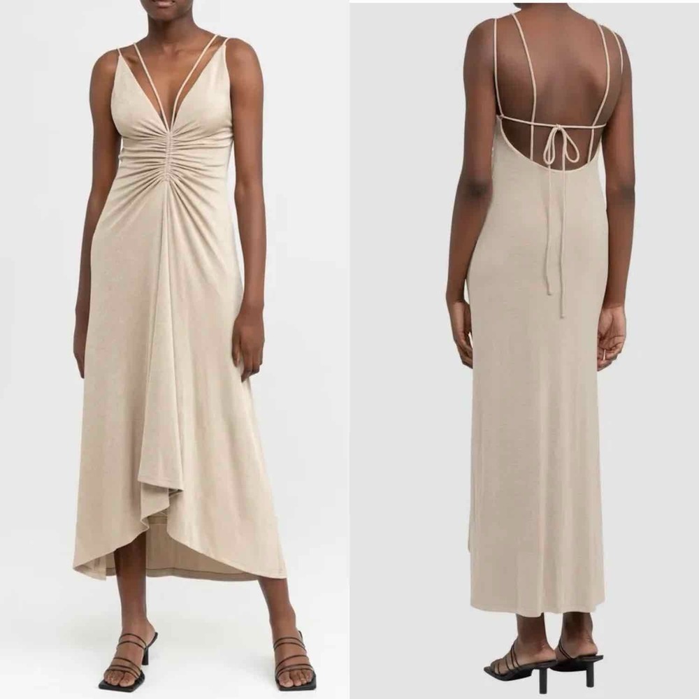 Beige Ruched V-Neck Midi Dress - Picture 4 of 11